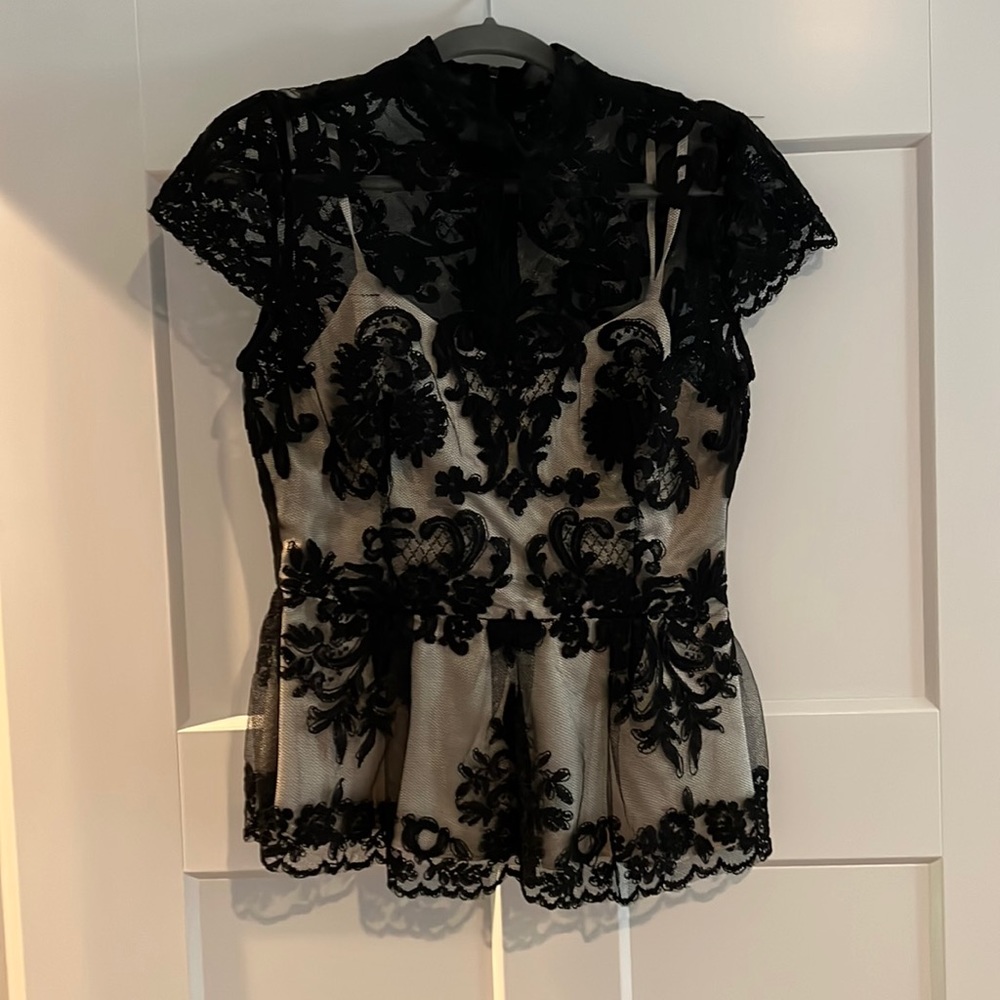 Beautiful lace black shirt. Very elegant and proper. Looks like brand new.